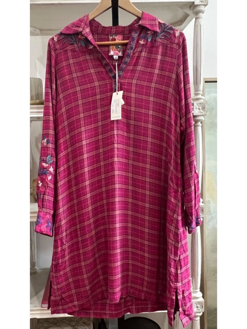 Johnny Was $298 Plaid Henley Flannel Tunic Dress Size Small Floral Embroidered